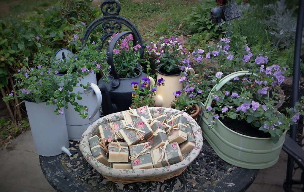 All ready for Dorset goes Vintage with some genuine french vintage enamelware making excellent planters!